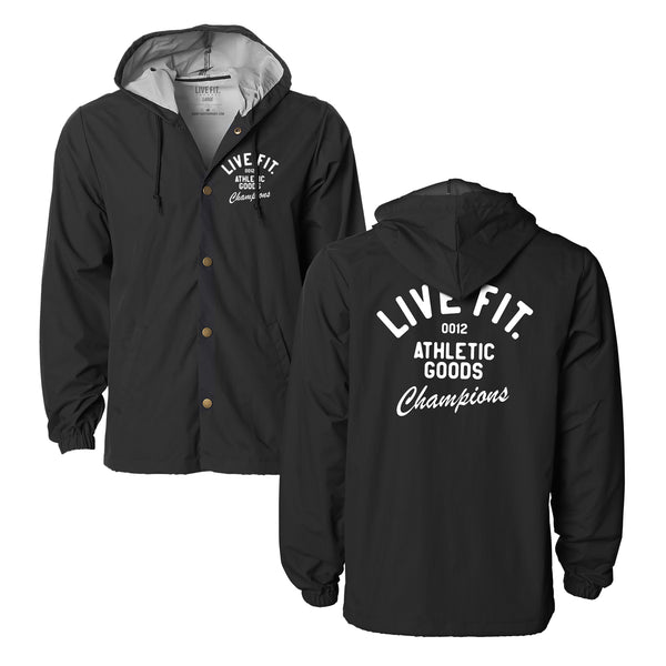Athletic Goods Hooded Coach Jacket - Black/White - Live Fit. Apparel