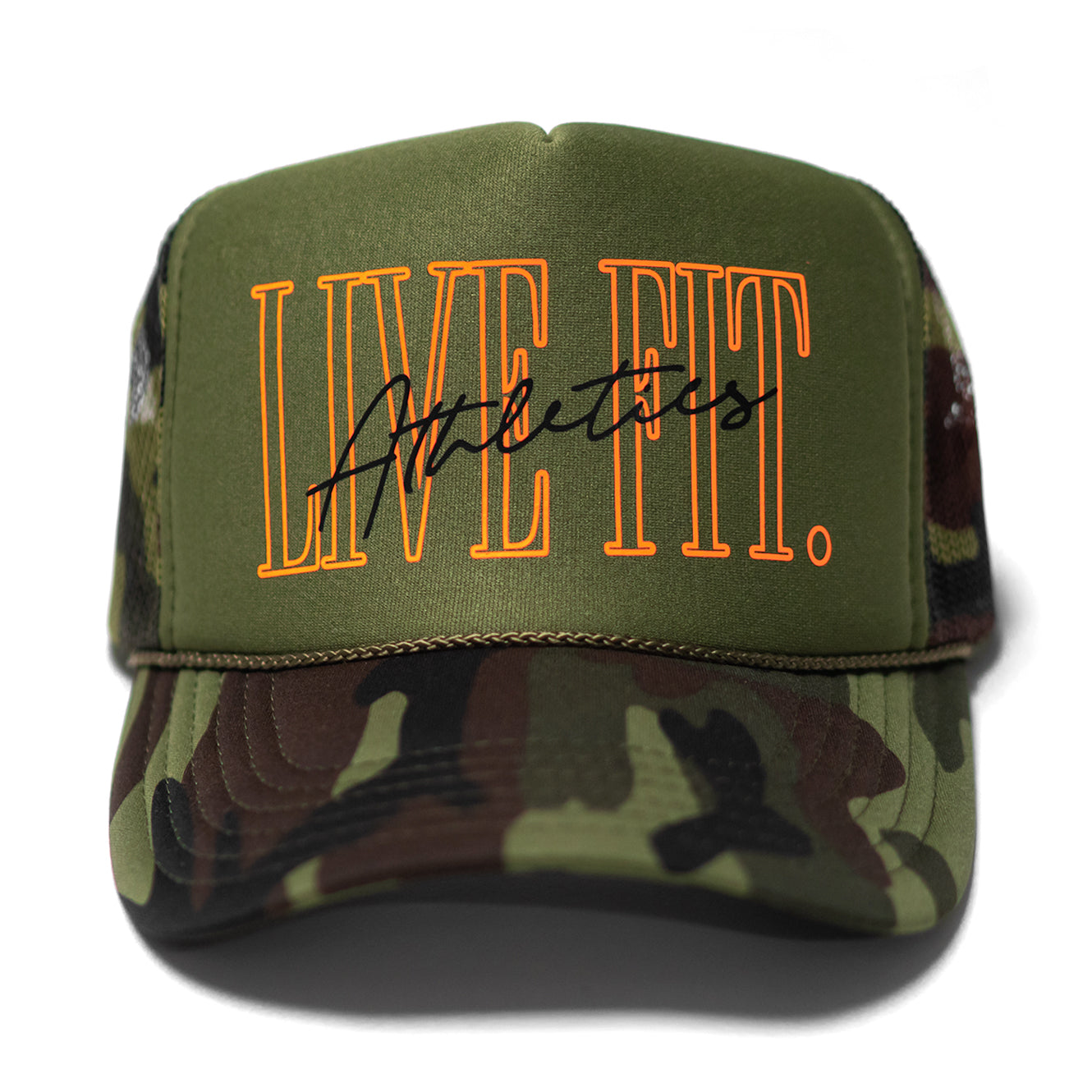 5 Panel Foam Trucker Hat - Green Camo/Orange