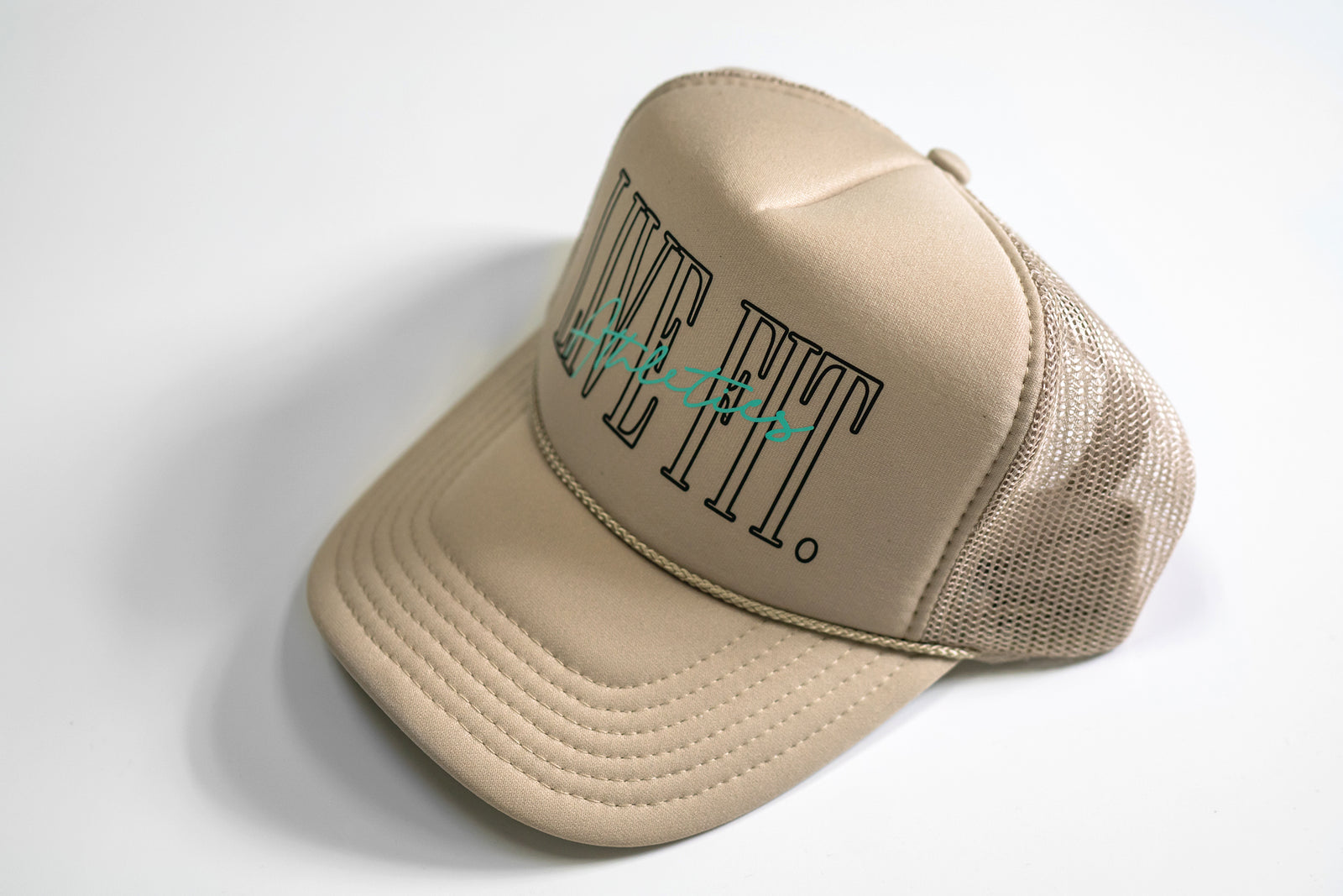5 Panel Foam Trucker Hat - Khaki/Black/Teal