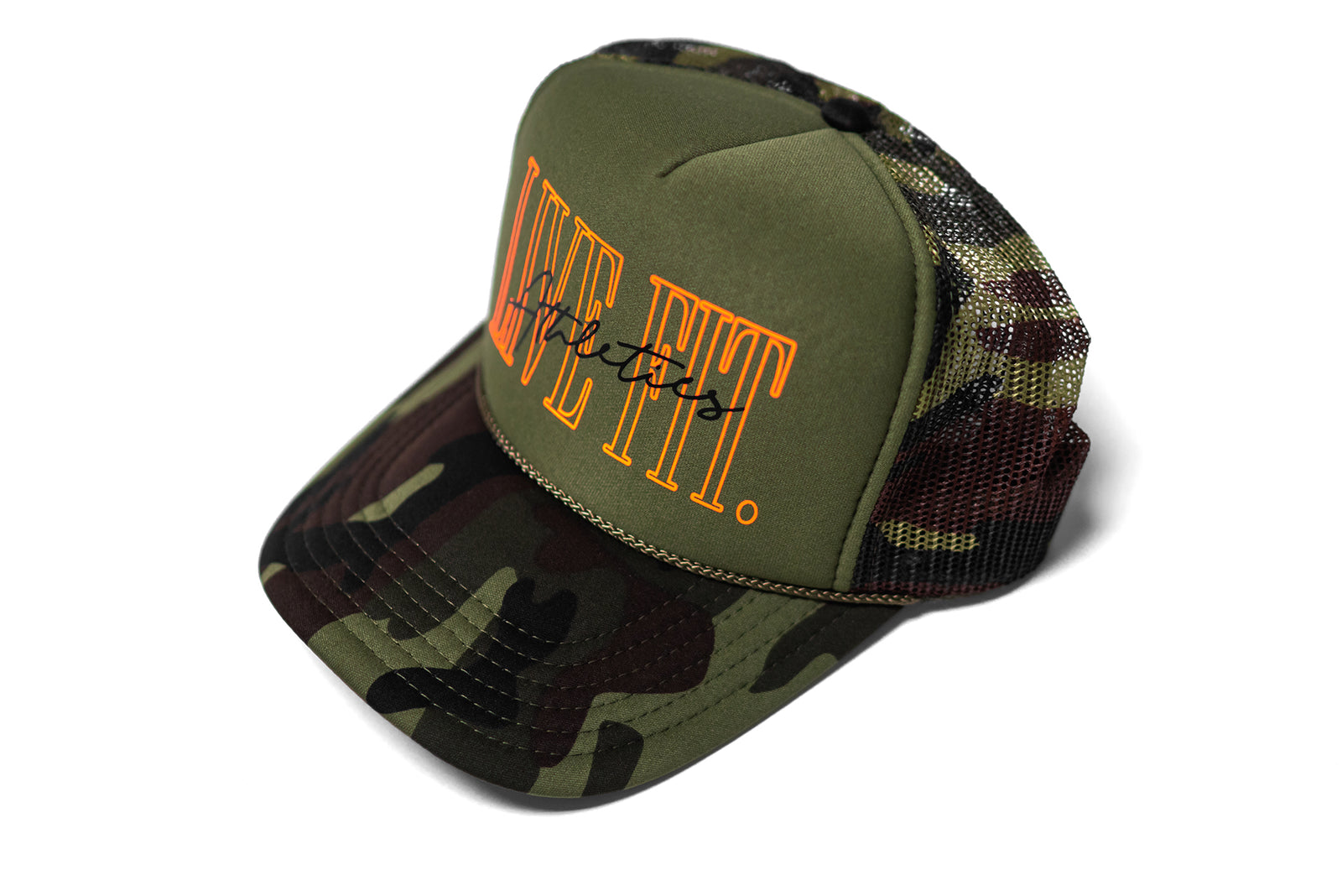 5 Panel Foam Trucker Hat - Green Camo/Orange