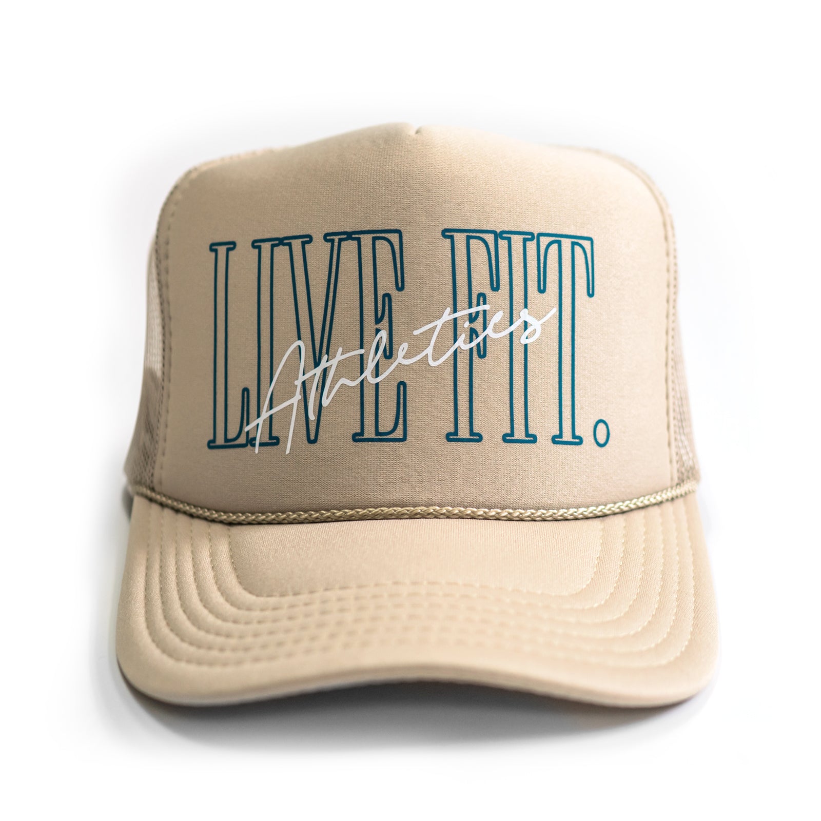 5 Panel Foam Trucker Hat - Khaki/Teal/White