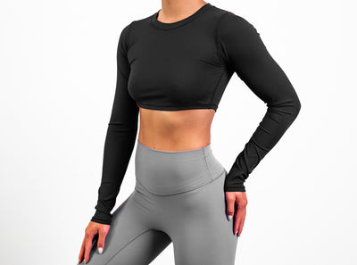 Micro Ribbed Athletic Cropped Long Sleeve - Black