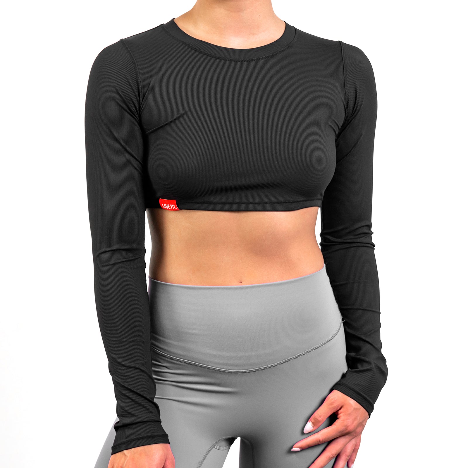 Micro Ribbed Athletic Cropped Long Sleeve - Black