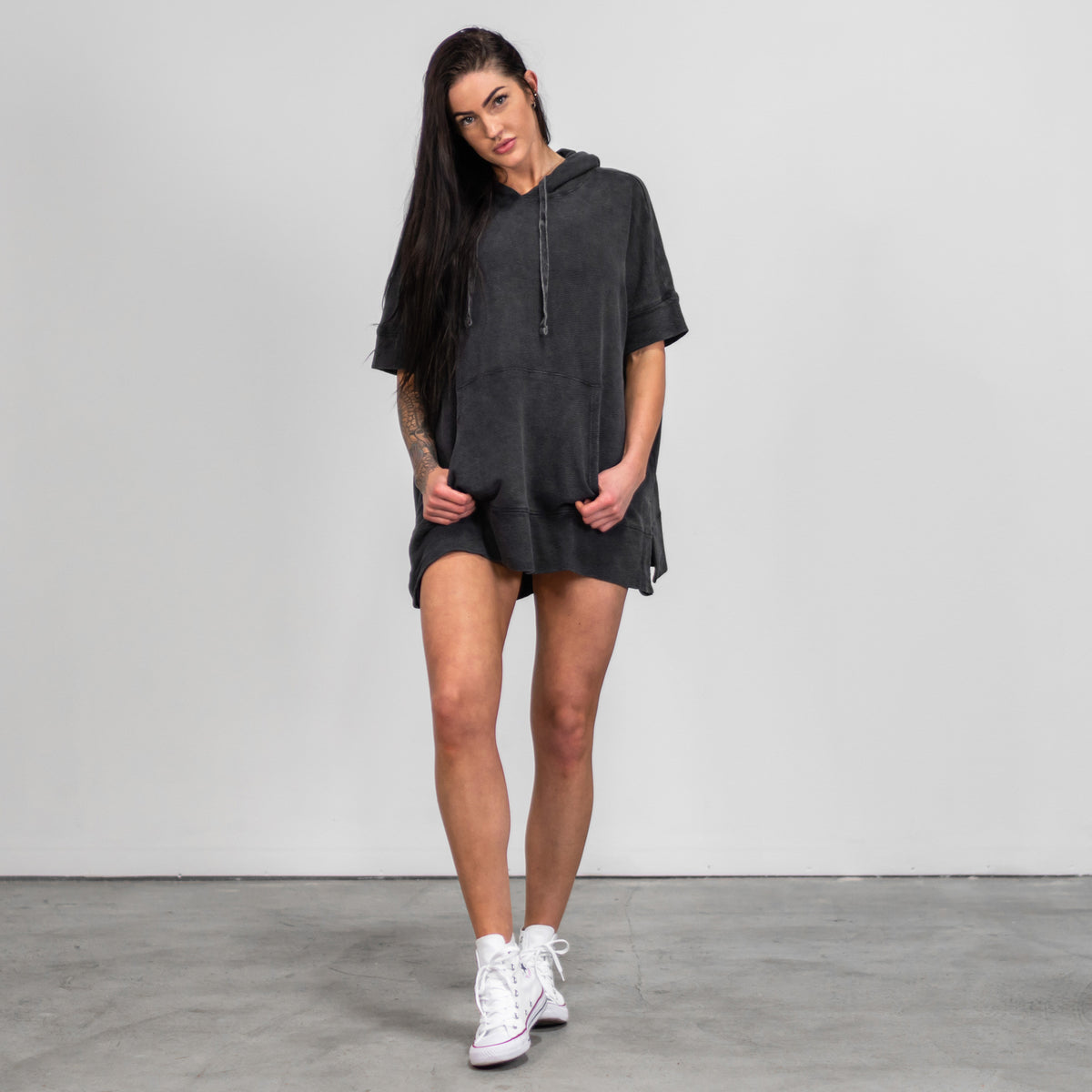 Oversized Vintage Short Sleeve Hoodie - Vintage Black