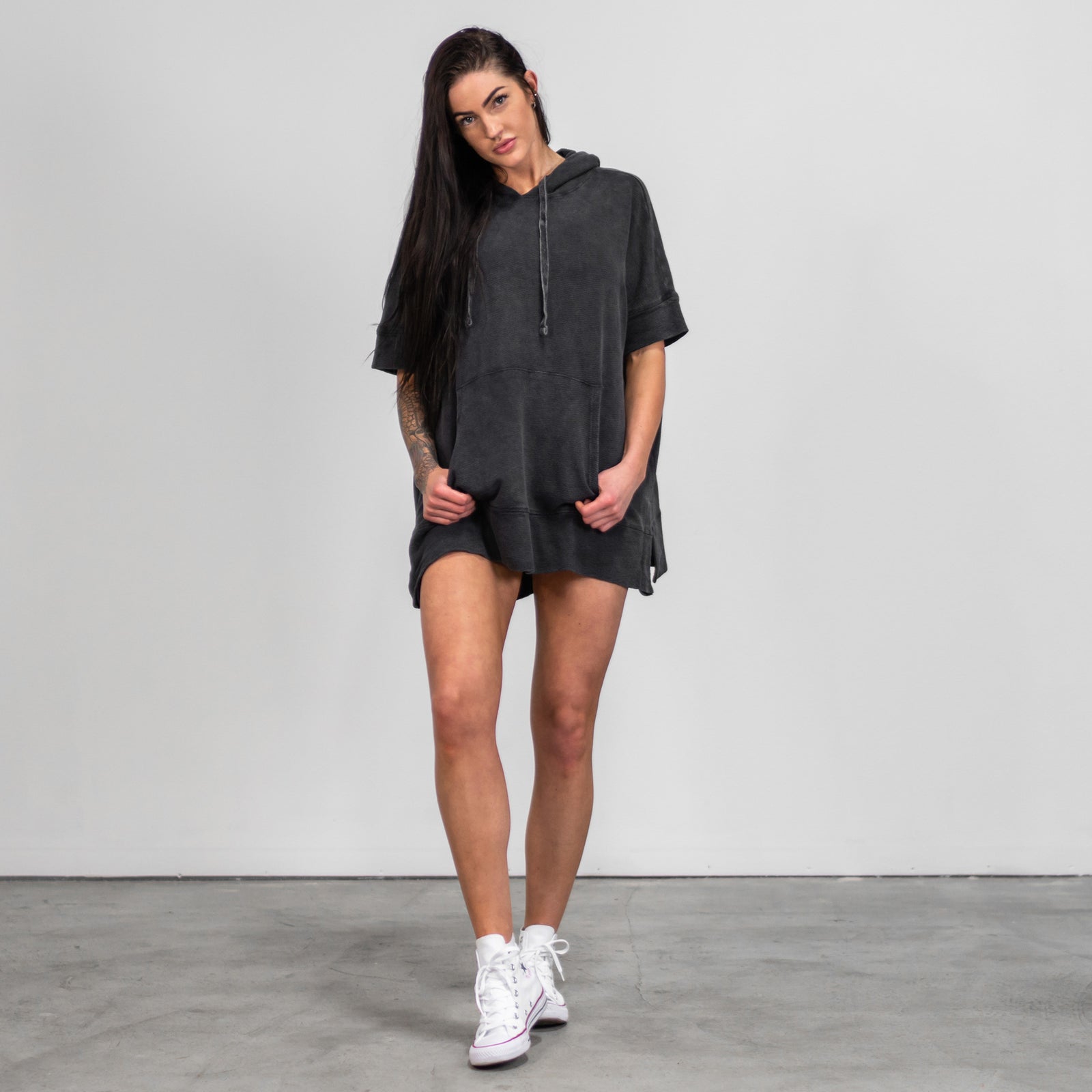 Oversized Vintage Short Sleeve Hoodie - Vintage Black