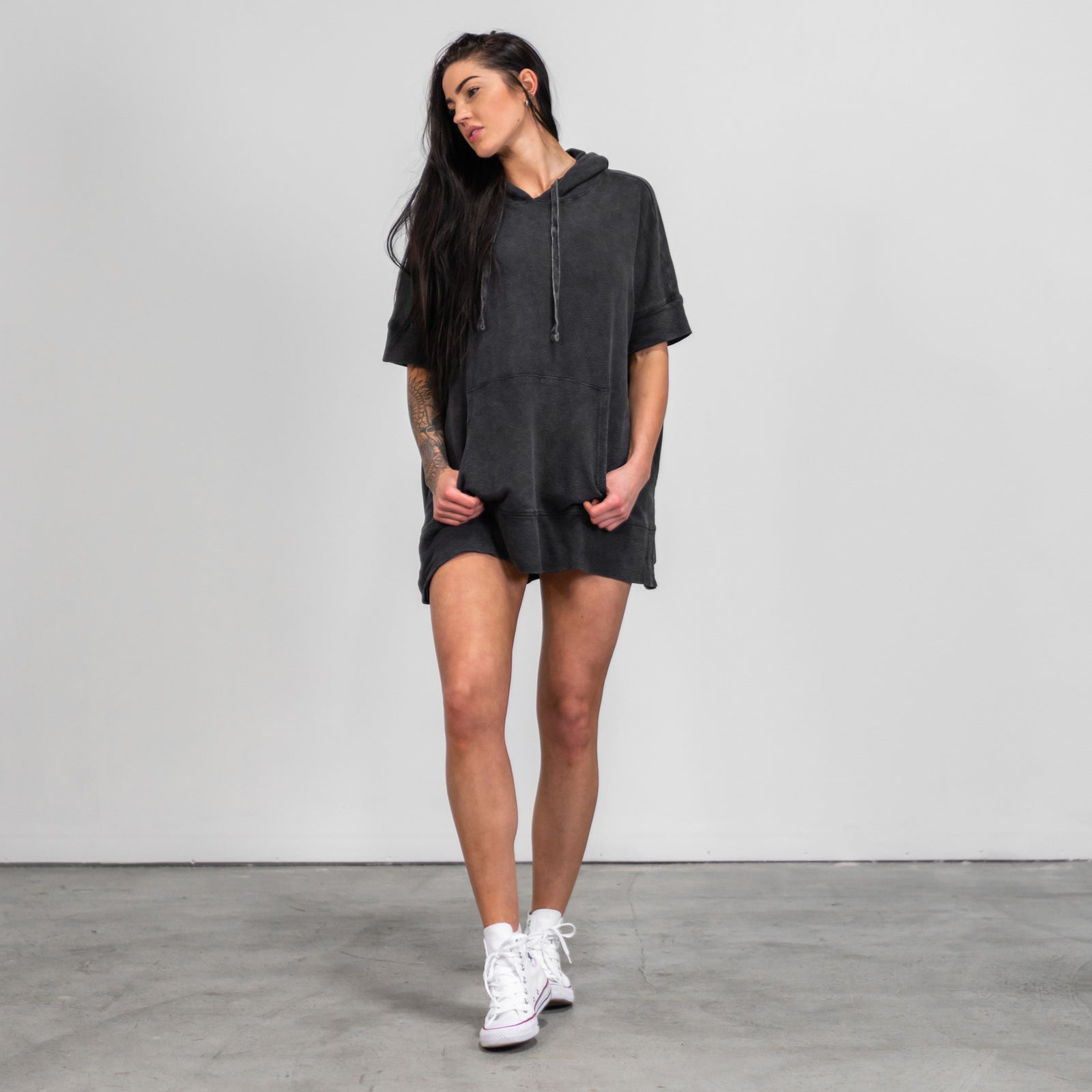 Oversized Vintage Short Sleeve Hoodie - Vintage Black