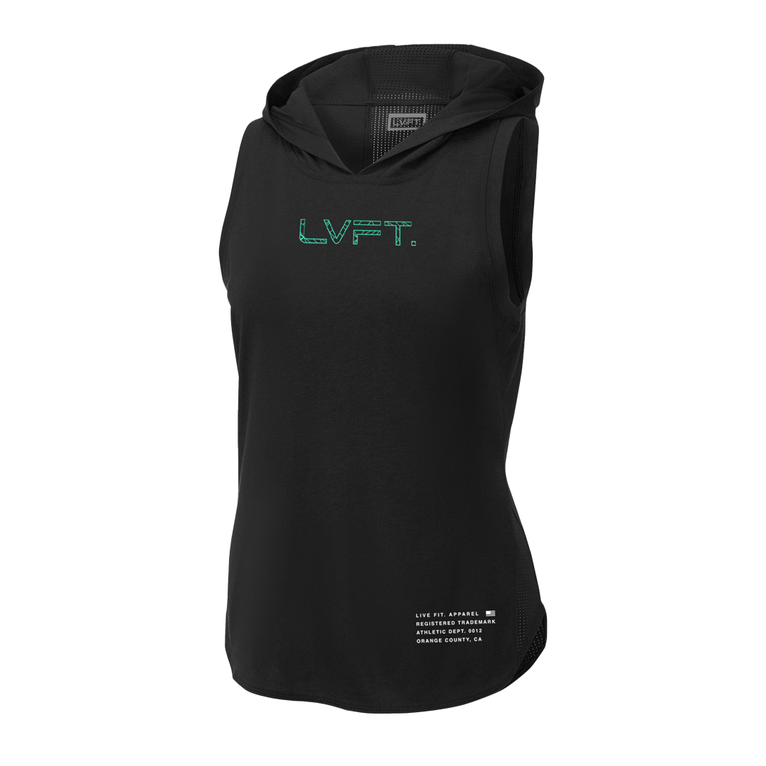 Ladies Vector Sleeveless Hoodie - Black / Teal